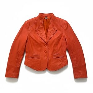 Caché Orange Lambskin Leather Cropped Blazer Jacket Size S